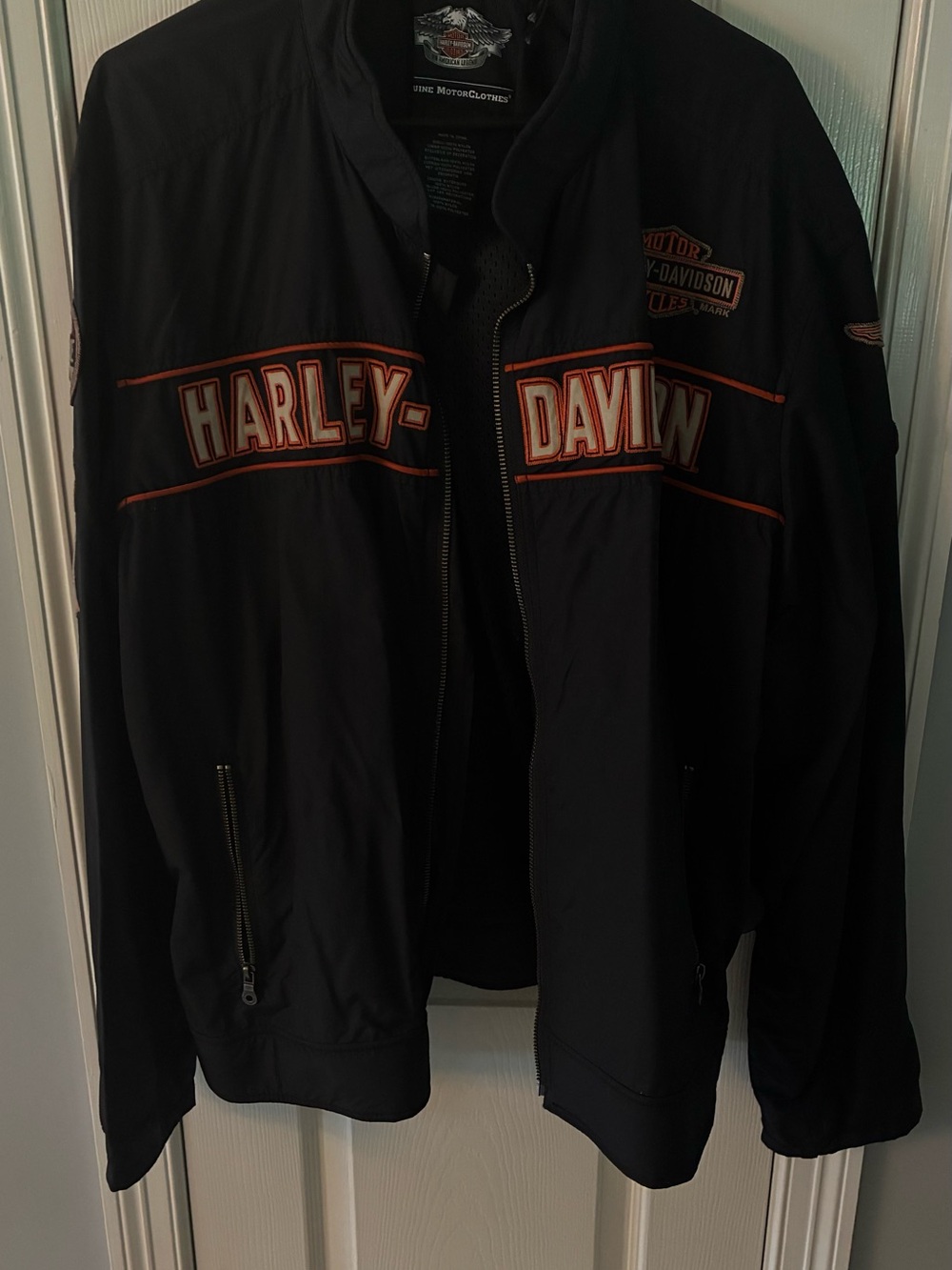 Harley-Davidson Men's Black Jacket with Orange Trim and Raised Emblems